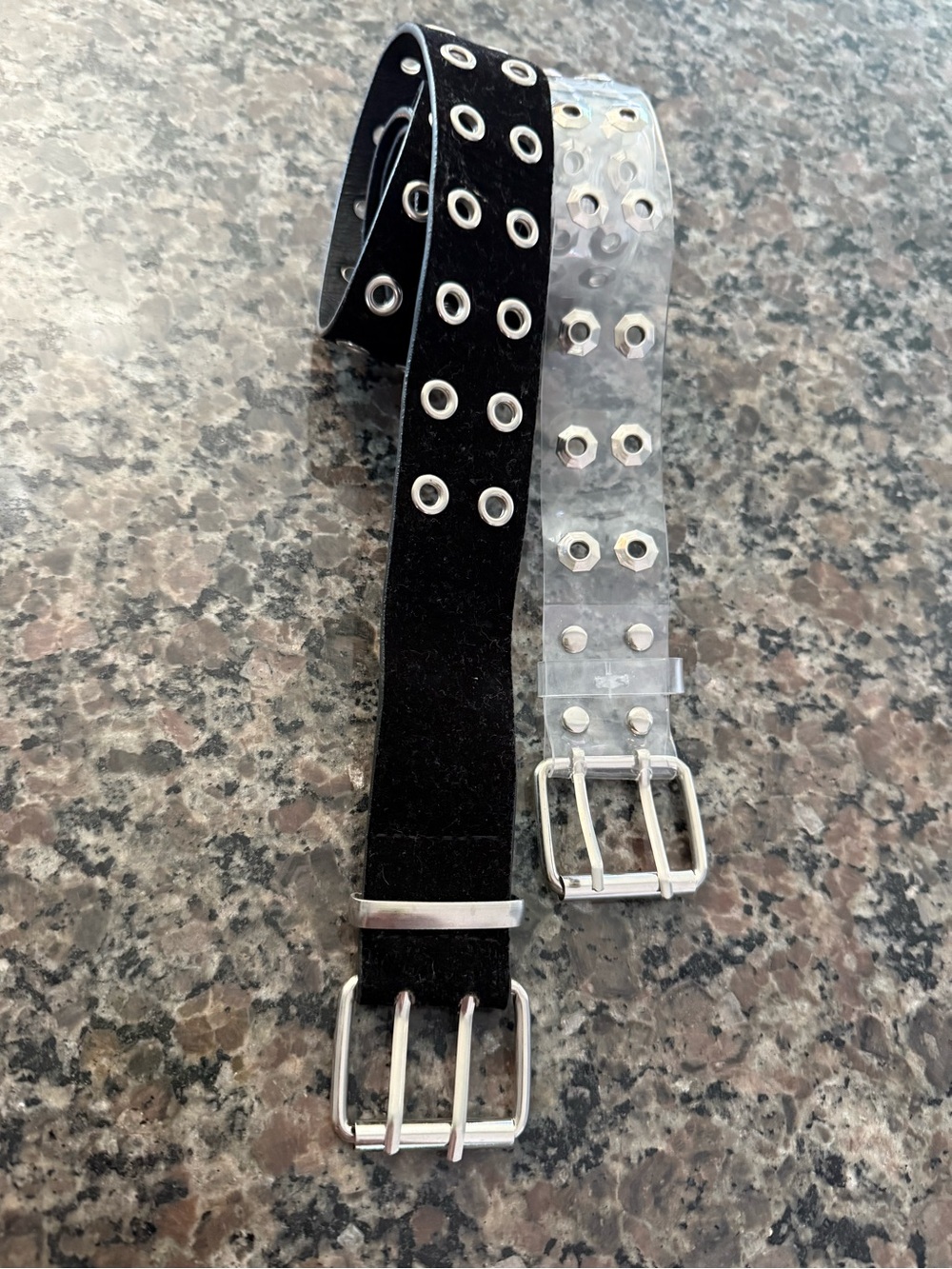 Black and clear eyelet belts